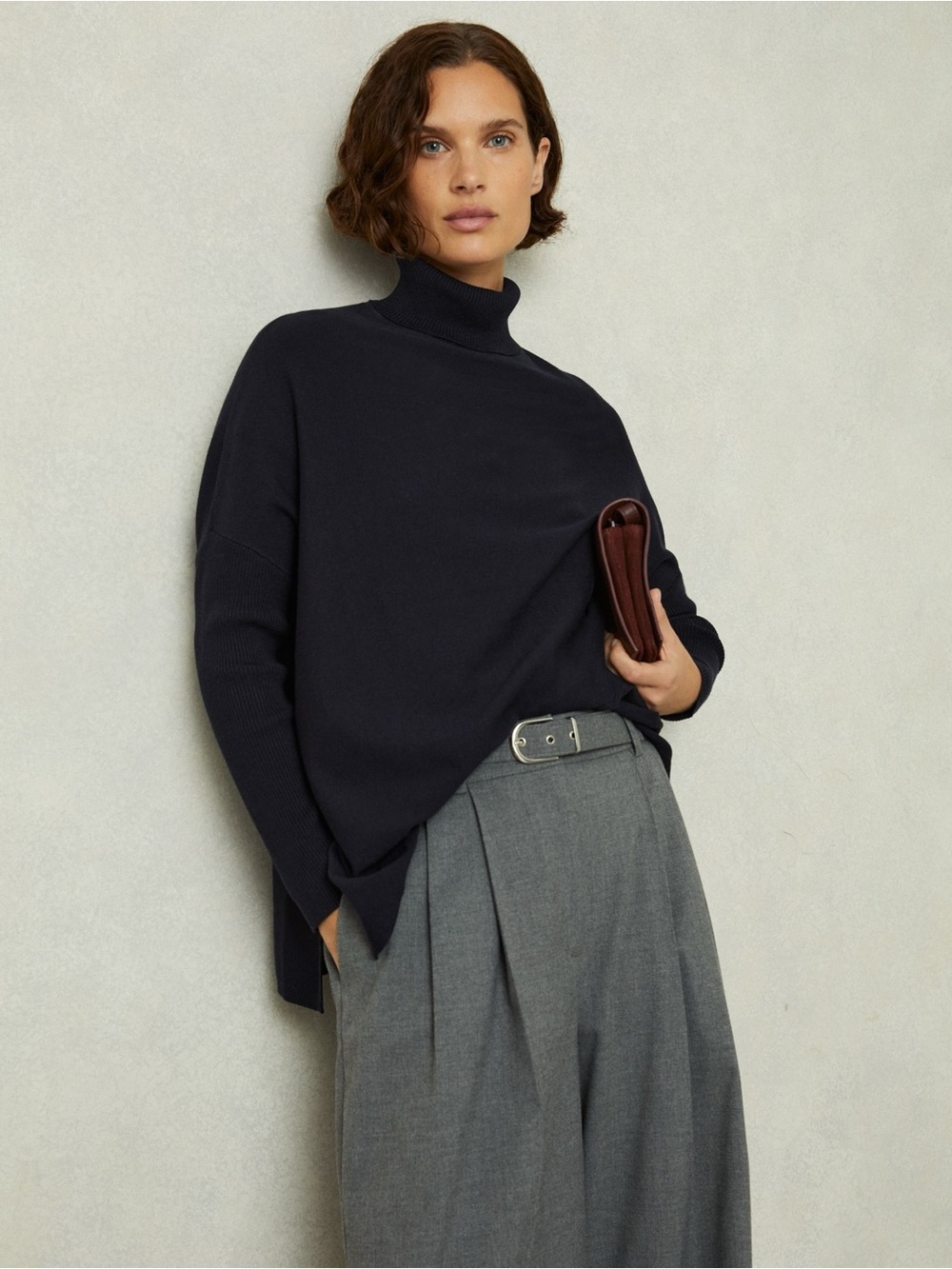 Reiss Navy Turtleneck Oversized Knit Sweater